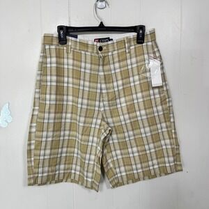Chaps‎ Mens Flat Front Plaid Shorts Size 30 Beige White Casual Summer Pockets